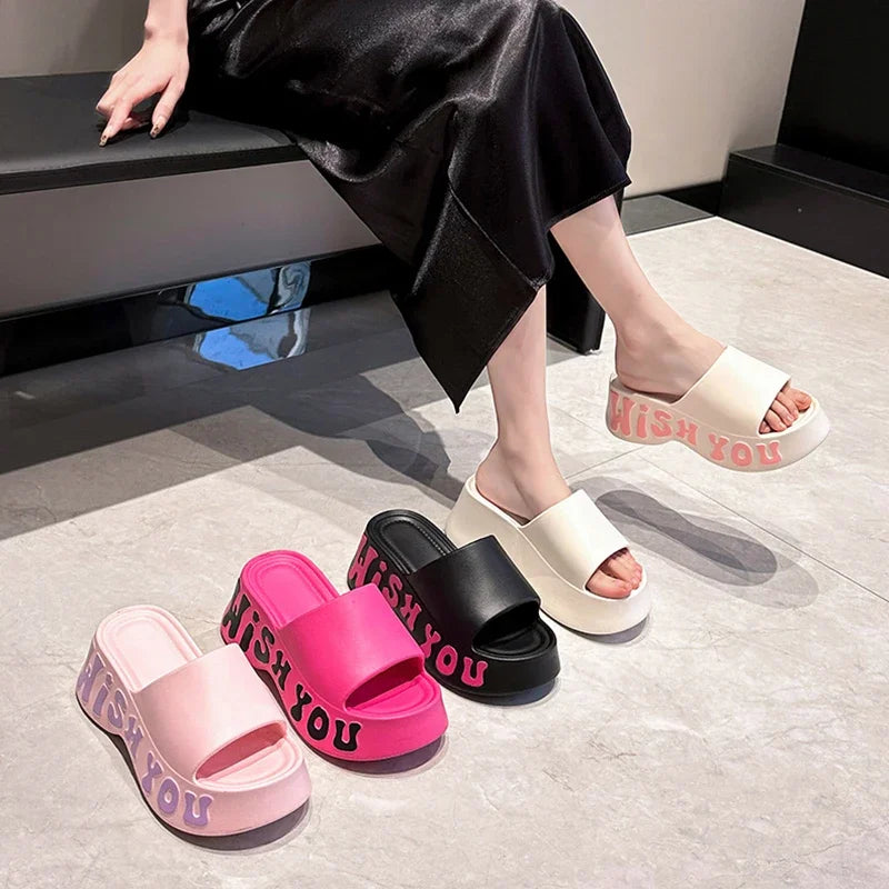 Summer 2025 Letter Print Thick Sole Cloud Slippers Women Fashion Chunky Platform Sandals Woman Non Slip Wedge Heels Beach Slides