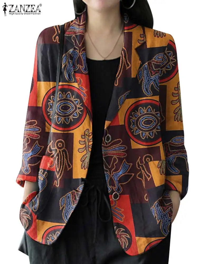 2024 ZANZEA Autumn Vintage Long Sleeve Printed Coats Female Thin Tops Women Blazer Spring Summer Cotton Shirt Casual Outwears