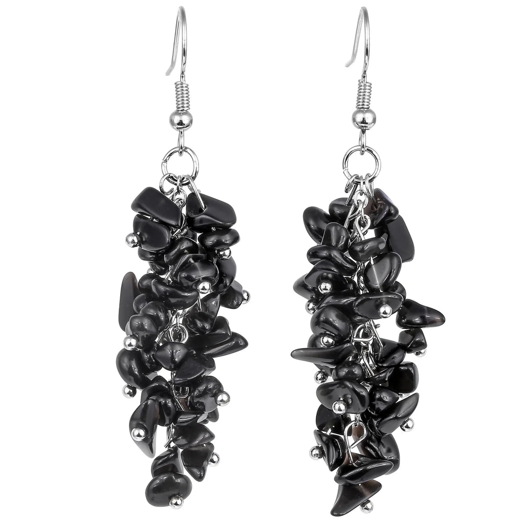 Bohemian Women Natural Crystal Irregular Crushed Stone Grape Shape Tassel Hook Dangle Earrings Wedding Party Charm Jewelry