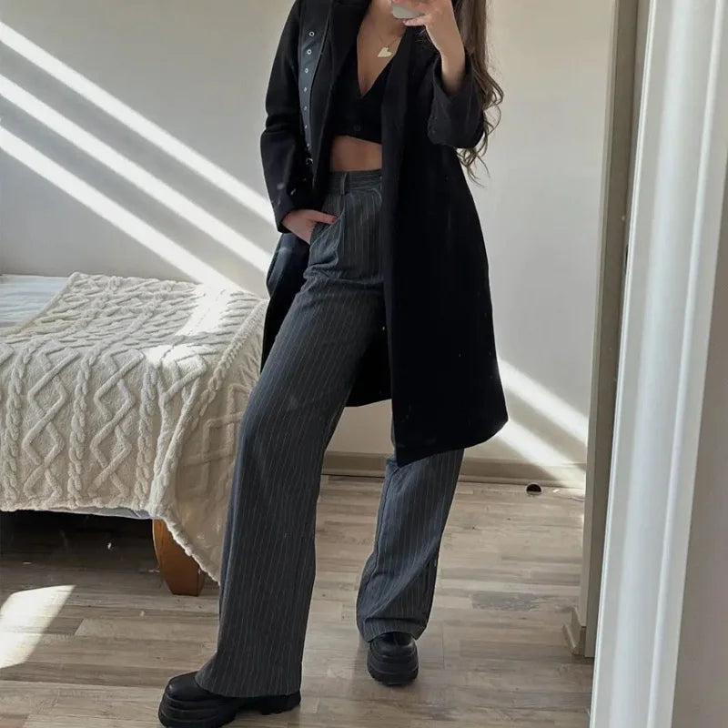 Women's Formal Pants Office Wear Women Striped Grey Black Pants Woman High Waist Baggy Suit Pants Casual
