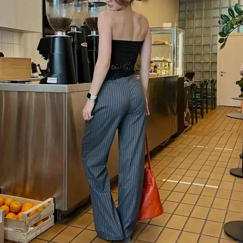 Women's Formal Pants Office Wear Women Striped Grey Black Pants Woman High Waist Baggy Suit Pants Casual