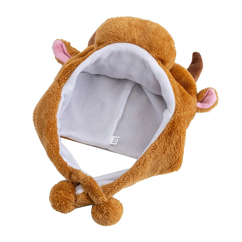 Unisex Funny Bulls Head 3D Animal Style Decorative Hat Winter Cap For Men Women Plush Fur Lovely Family Hat