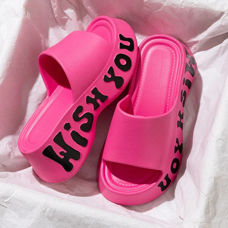 Summer 2025 Letter Print Thick Sole Cloud Slippers Women Fashion Chunky Platform Sandals Woman Non Slip Wedge Heels Beach Slides
