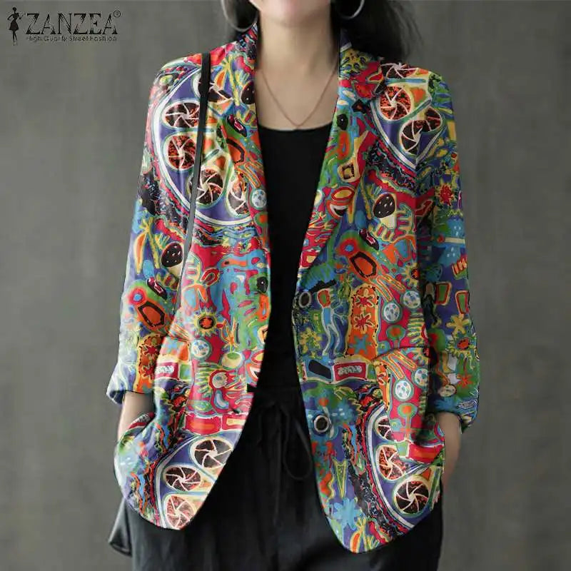 2024 ZANZEA Autumn Vintage Long Sleeve Printed Coats Female Thin Tops Women Blazer Spring Summer Cotton Shirt Casual Outwears