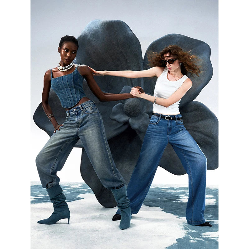 Women Denim Jeans 2025 Spring New Acetate Wide Leg Mid Low Waist Slim Fit Straight Wide Leg Pants
