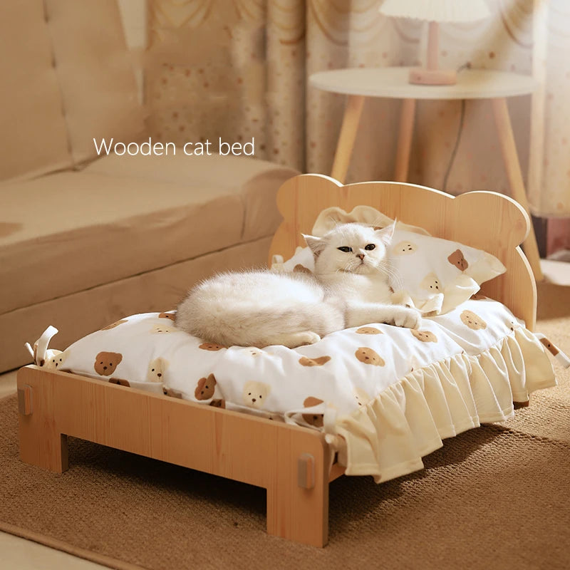 Wooden Bed With Teddy Bear Pattern Indoor Pet Furniture Floor To Ceiling Bed(20*11inch)