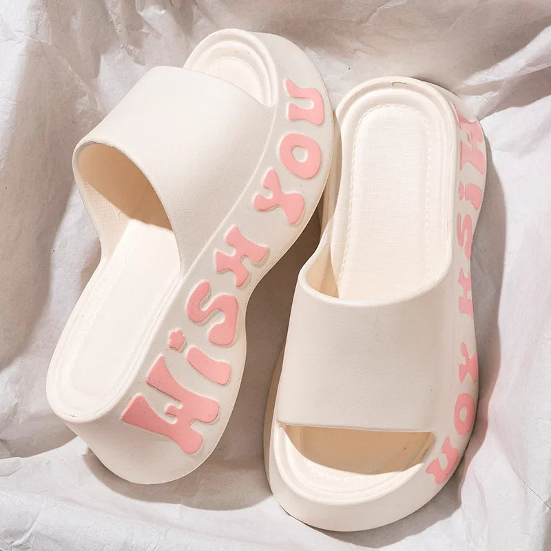 Summer 2025 Letter Print Thick Sole Cloud Slippers Women Fashion Chunky Platform Sandals Woman Non Slip Wedge Heels Beach Slides