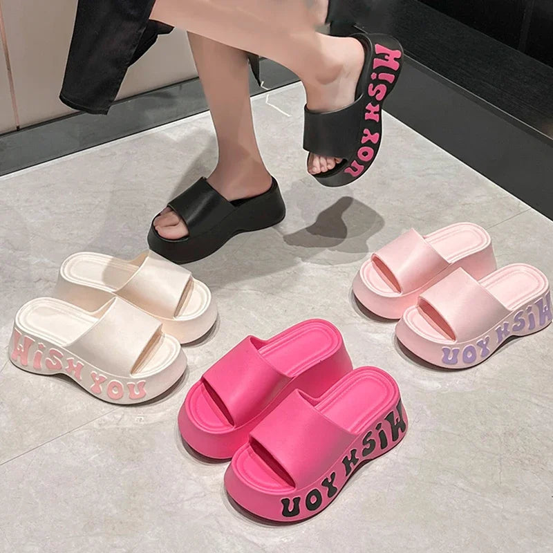 Summer 2025 Letter Print Thick Sole Cloud Slippers Women Fashion Chunky Platform Sandals Woman Non Slip Wedge Heels Beach Slides