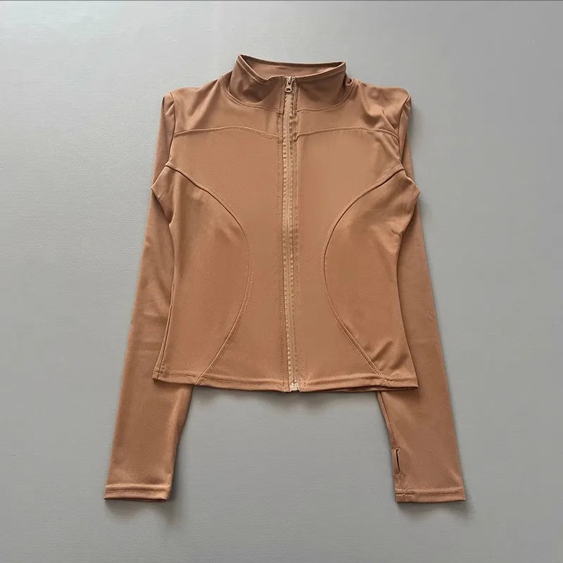 Women's Workout Jacket Stretch Fitted Zip Front Long Sleeve Running Yoga Slimming Waist-Cinching Stand Collar Quick-Dry Sportswe