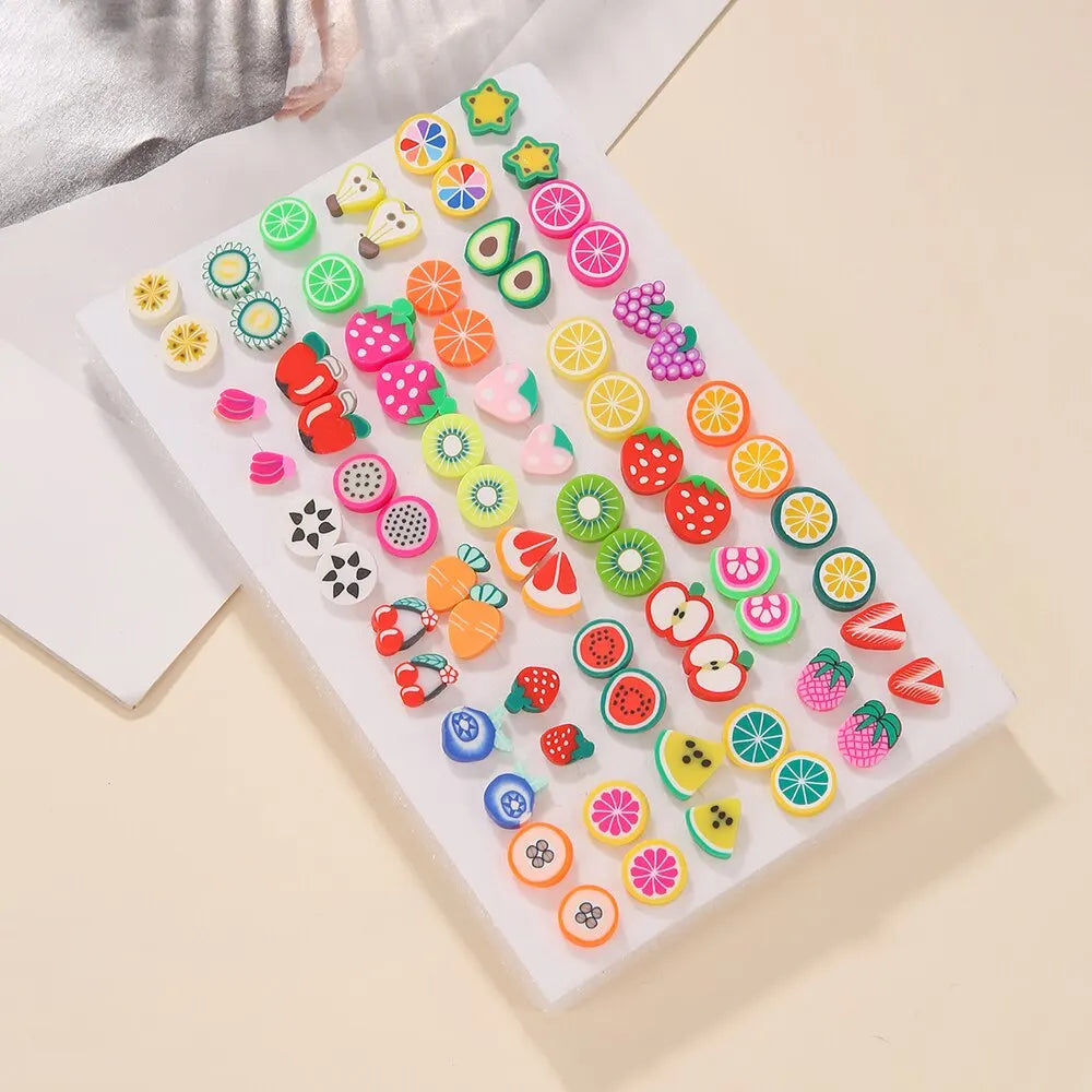 Trendy 36Pairs/lot Women Fruit Animal Stud Earrings Set New Fashion Resin Colorful Multi-style Party Birthday Gifts
