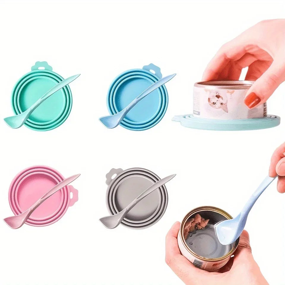 Pet food can lid with spoon