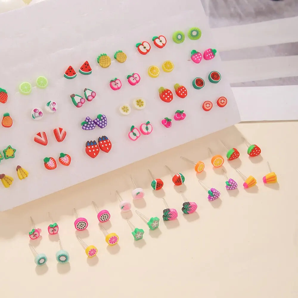 Trendy 36Pairs/lot Women Fruit Animal Stud Earrings Set New Fashion Resin Colorful Multi-style Party Birthday Gifts