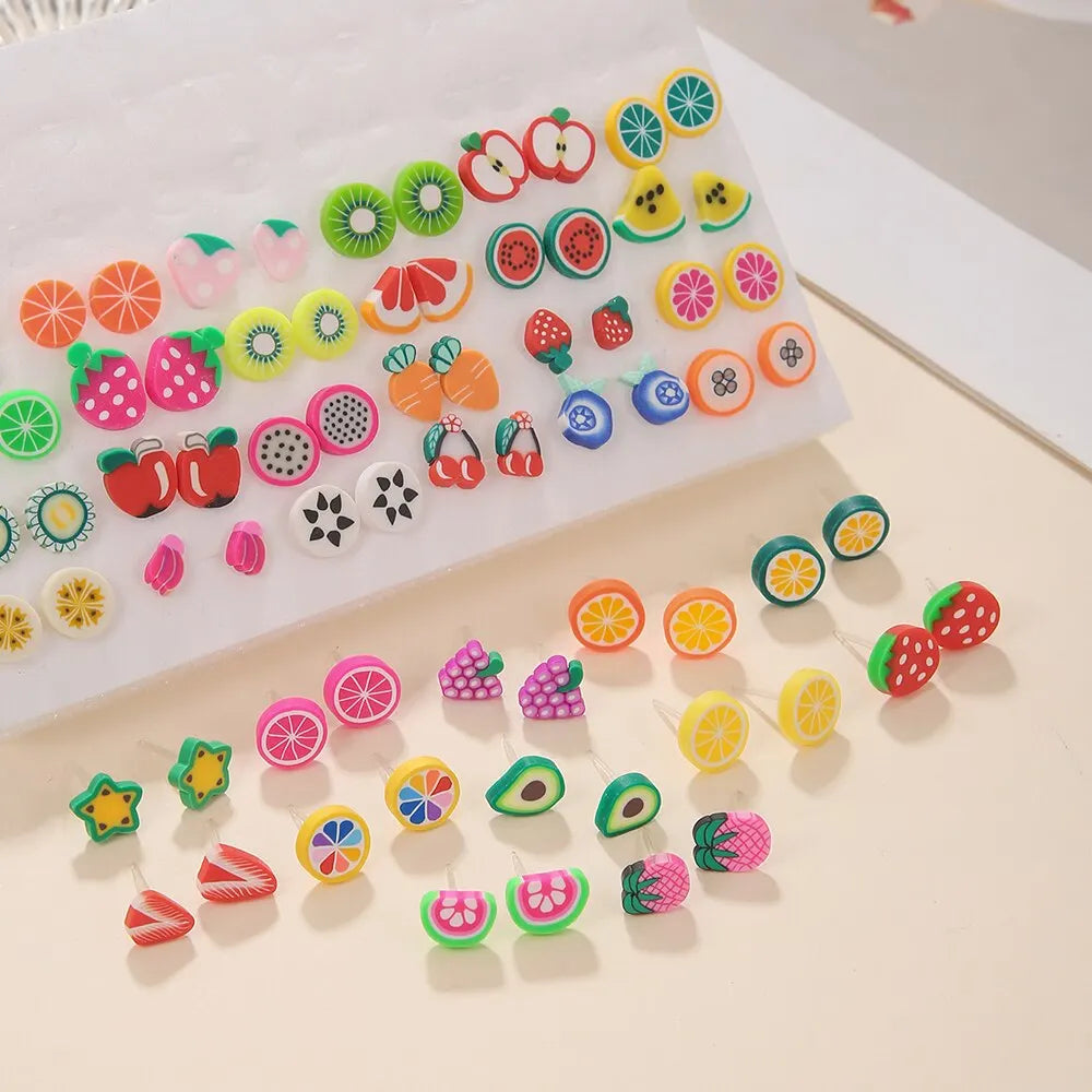Trendy 36Pairs/lot Women Fruit Animal Stud Earrings Set New Fashion Resin Colorful Multi-style Party Birthday Gifts