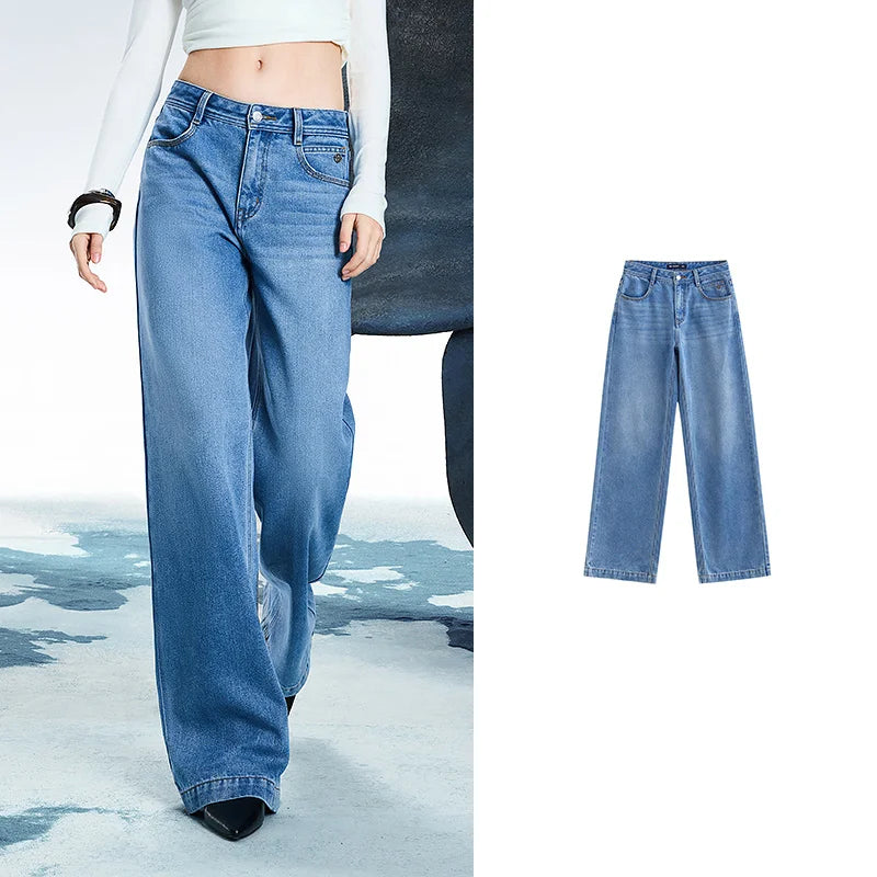 Women Denim Jeans 2025 Spring New Acetate Wide Leg Mid Low Waist Slim Fit Straight Wide Leg Pants