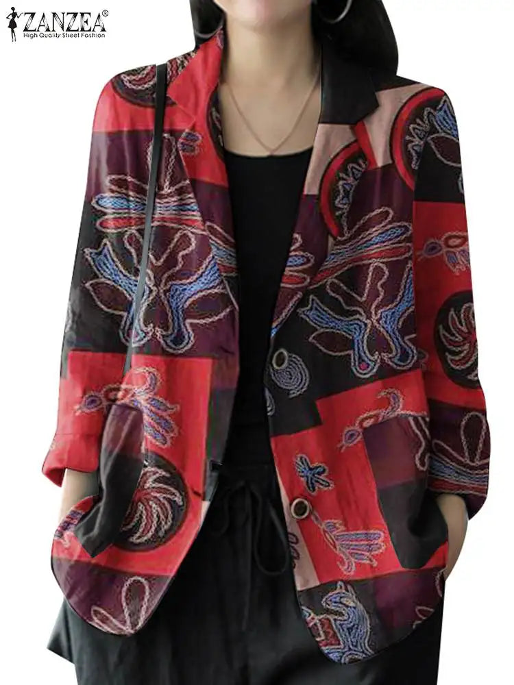 2024 ZANZEA Autumn Vintage Long Sleeve Printed Coats Female Thin Tops Women Blazer Spring Summer Cotton Shirt Casual Outwears