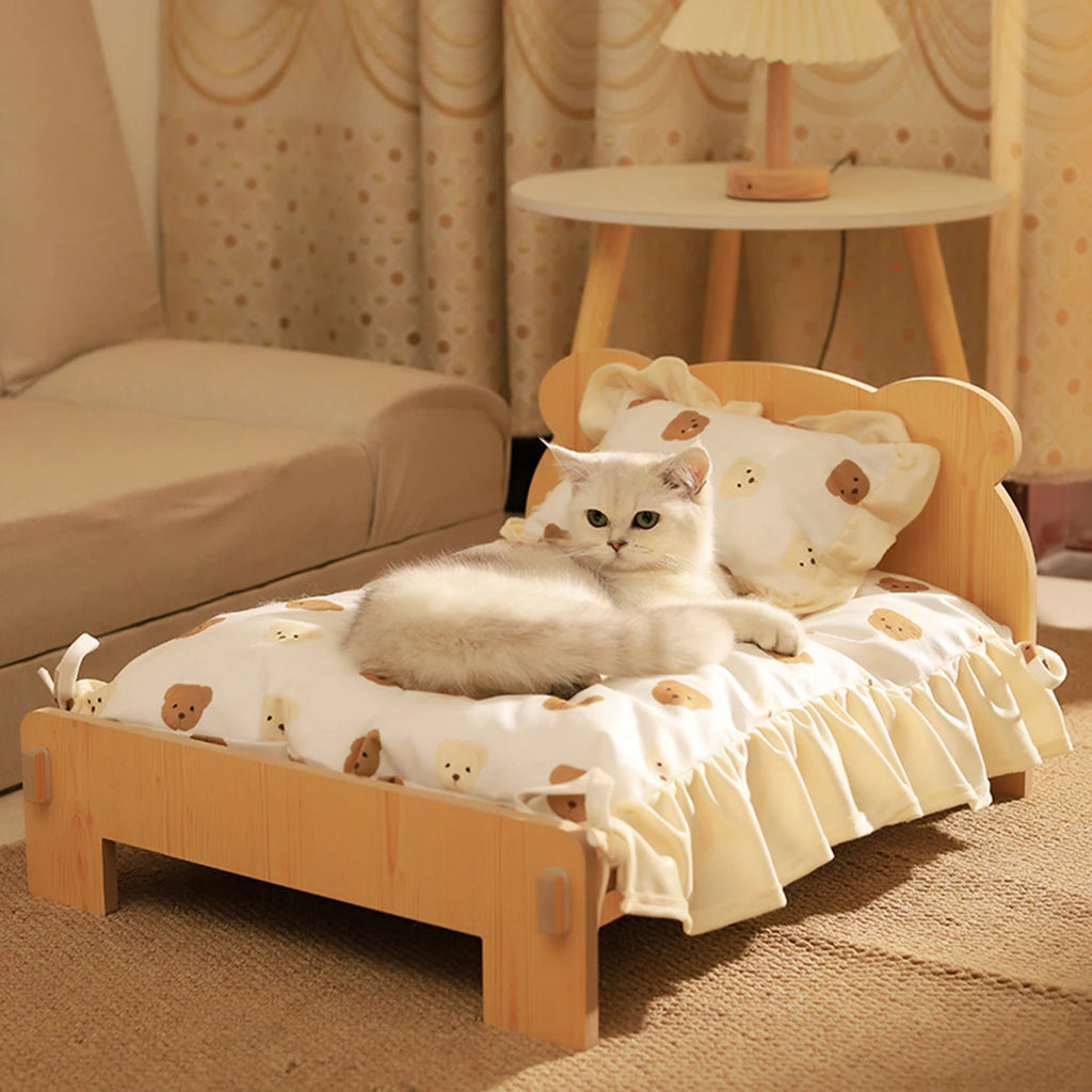 Wooden Bed With Teddy Bear Pattern Indoor Pet Furniture Floor To Ceiling Bed(20*11inch)