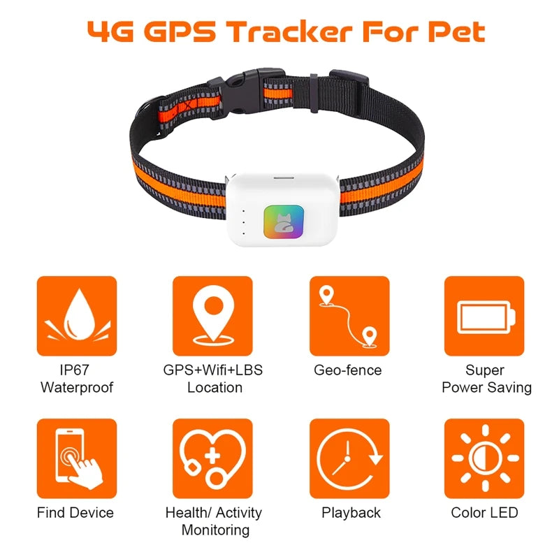 GPS Pet Tracker with Colorful LED Flash 4G Smart/Pet Collar IP67 Waterproof Pedometer/Pet Calorie Health Data Tracker