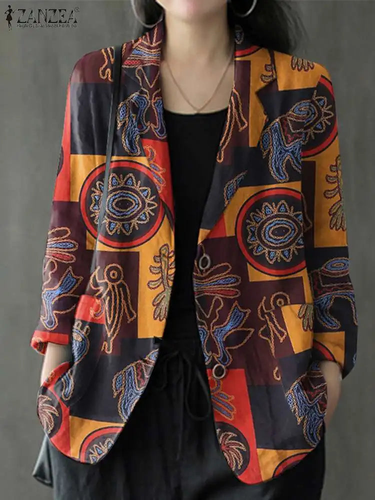2024 ZANZEA Autumn Vintage Long Sleeve Printed Coats Female Thin Tops Women Blazer Spring Summer Cotton Shirt Casual Outwears