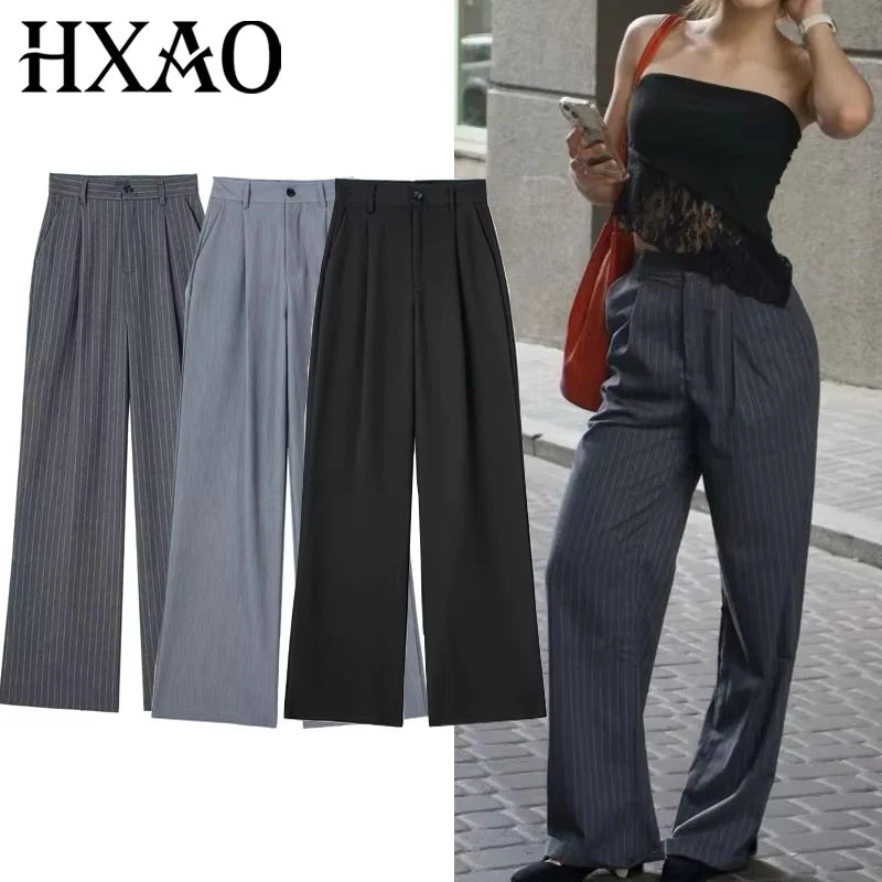 Women's Formal Pants Office Wear Women Striped Grey Black Pants Woman High Waist Baggy Suit Pants Casual