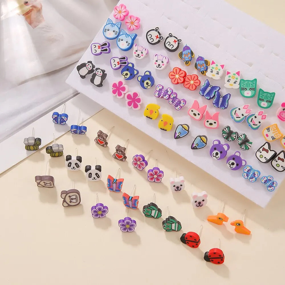 Trendy 36Pairs/lot Women Fruit Animal Stud Earrings Set New Fashion Resin Colorful Multi-style Party Birthday Gifts
