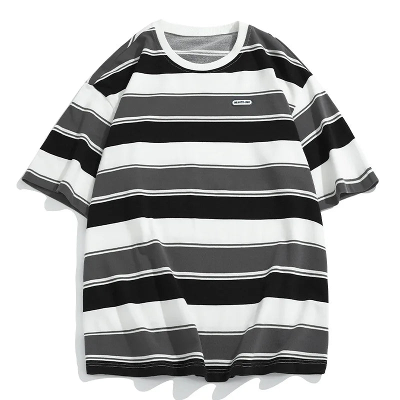 Y2K Loose Contrast Color Short Sleeve Striped T-shirts Couples Men Summer Tops Clothes Clothing Streetwear Unisex Tees