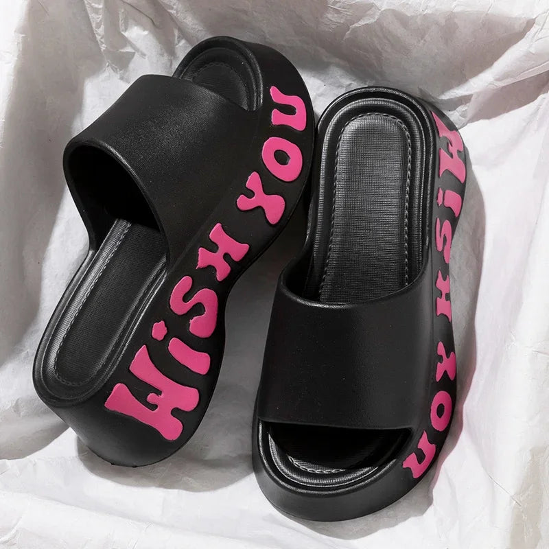 Summer 2025 Letter Print Thick Sole Cloud Slippers Women Fashion Chunky Platform Sandals Woman Non Slip Wedge Heels Beach Slides