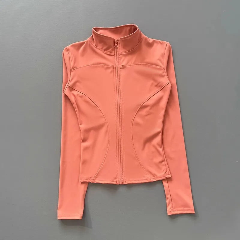 Women's Workout Jacket Stretch Fitted Zip Front Long Sleeve Running Yoga Slimming Waist-Cinching Stand Collar Quick-Dry Sportswe