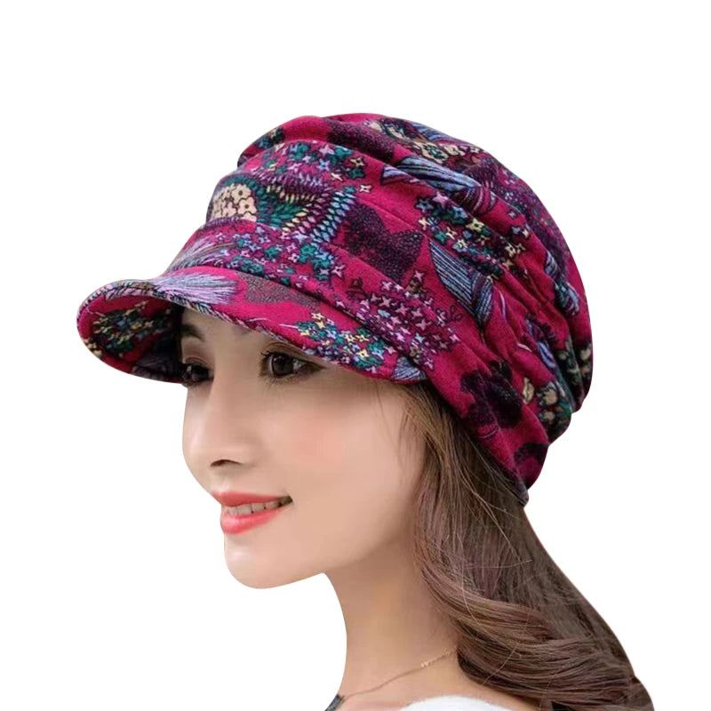 New Autumn Women Peaked Cap Short Brim Warm Foldable Earflap Women Cap Ethnic Style Floral Print Winter Hat Daily Clothing