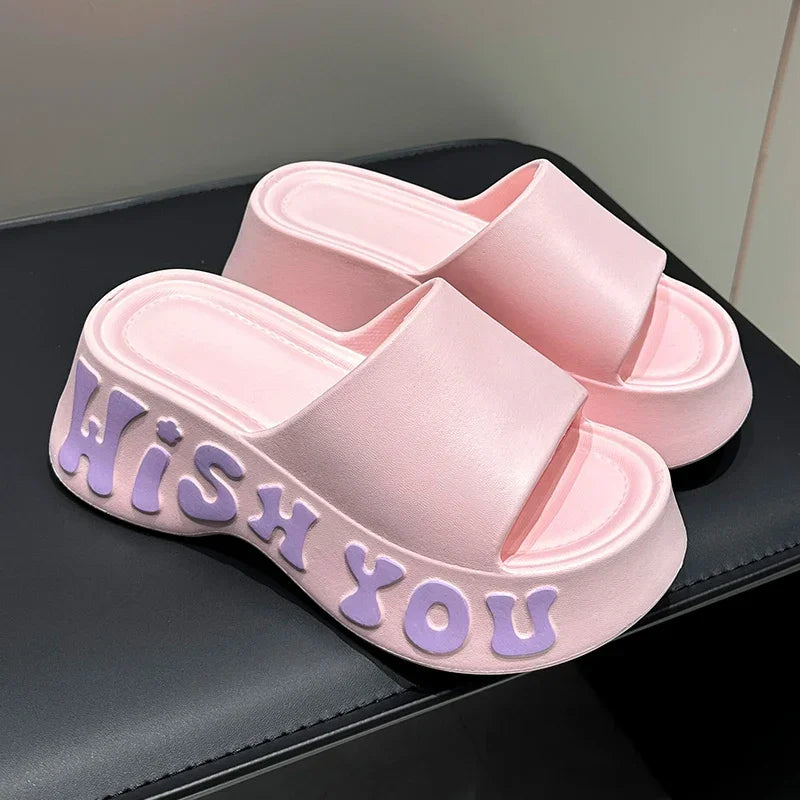 Summer 2025 Letter Print Thick Sole Cloud Slippers Women Fashion Chunky Platform Sandals Woman Non Slip Wedge Heels Beach Slides