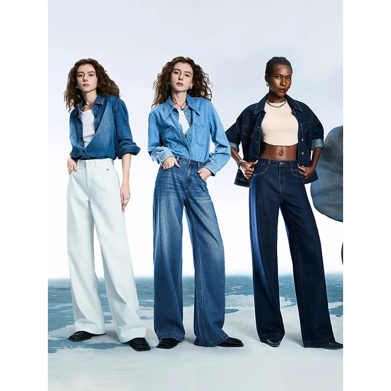 Women Denim Jeans 2025 Spring New Acetate Wide Leg Mid Low Waist Slim Fit Straight Wide Leg Pants
