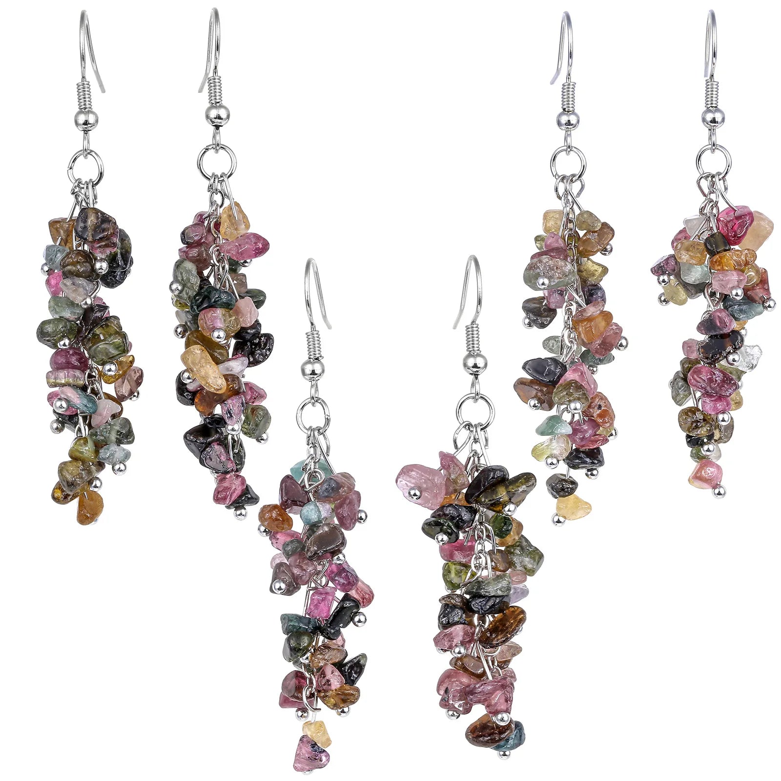 Bohemian Women Natural Crystal Irregular Crushed Stone Grape Shape Tassel Hook Dangle Earrings Wedding Party Charm Jewelry