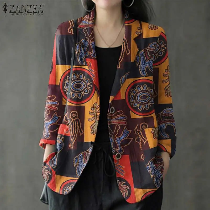 2024 ZANZEA Autumn Vintage Long Sleeve Printed Coats Female Thin Tops Women Blazer Spring Summer Cotton Shirt Casual Outwears