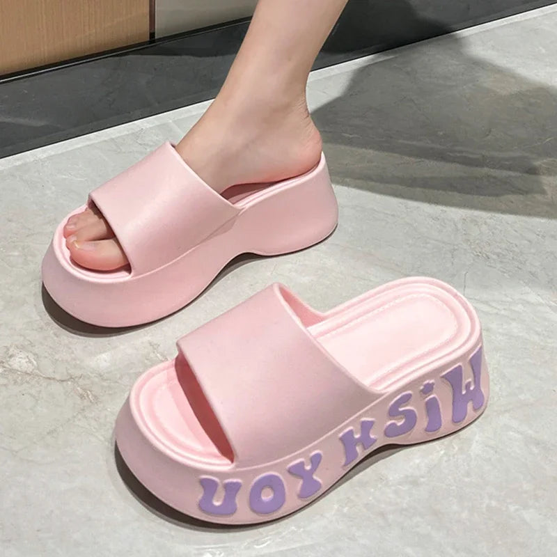 Summer 2025 Letter Print Thick Sole Cloud Slippers Women Fashion Chunky Platform Sandals Woman Non Slip Wedge Heels Beach Slides