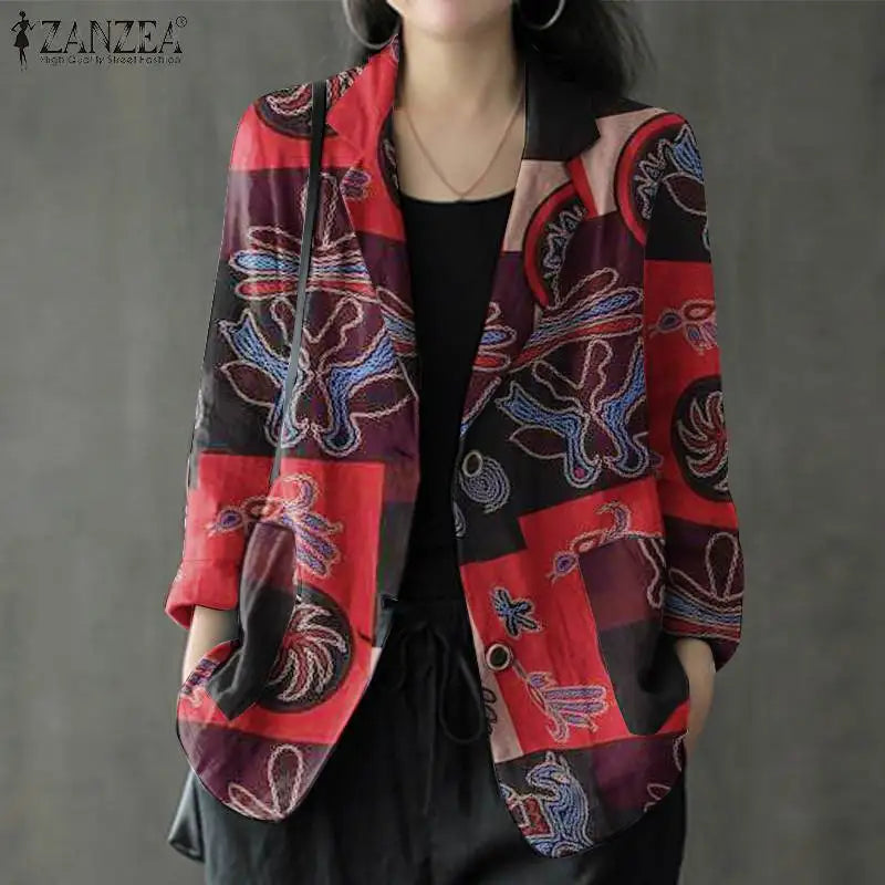 2024 ZANZEA Autumn Vintage Long Sleeve Printed Coats Female Thin Tops Women Blazer Spring Summer Cotton Shirt Casual Outwears
