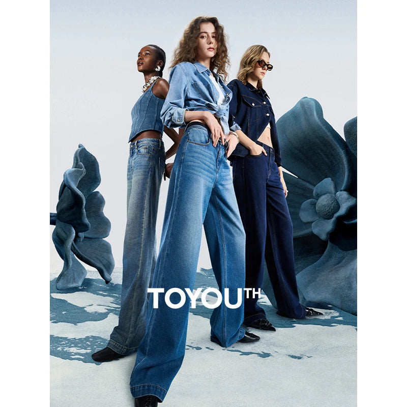 Women Denim Jeans 2025 Spring New Acetate Wide Leg Mid Low Waist Slim Fit Straight Wide Leg Pants