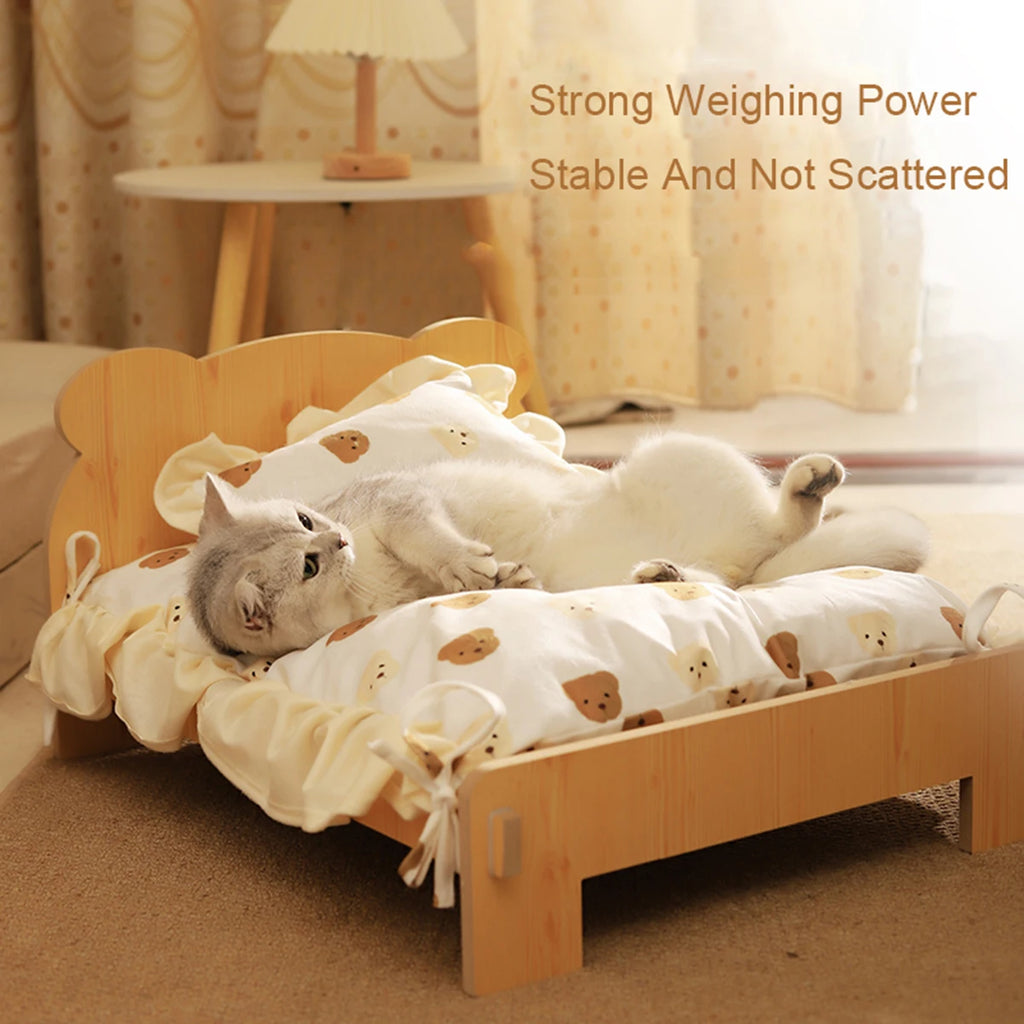 Wooden Bed With Teddy Bear Pattern Indoor Pet Furniture Floor To Ceiling Bed(20*11inch)